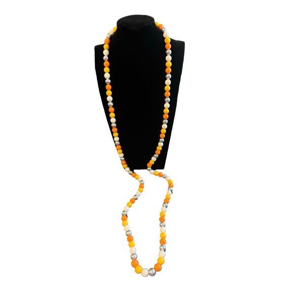 Vintage Statement Necklace And Clip On Earring Set Orange Silver Yellow White‎ - Picture 2 of 6
